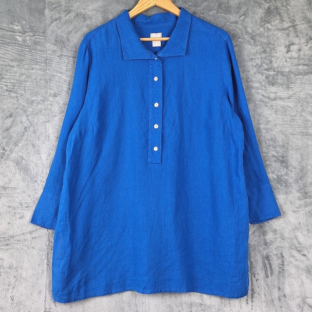 Chicos Top 3 XL Blue Linen Button Up Beach Coastal Lagenlook Vacation Minimalist